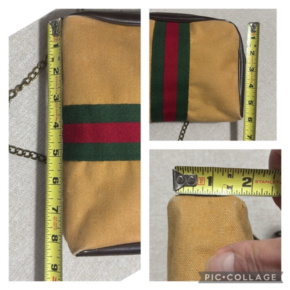 Converted Vintage Pouch-Tan Canvas-Red & Green Stripe Detail-Brassy Link Chain - Picture 14 of 17